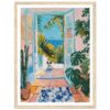 Puerta con vista al mar y plantas tropicales, pintura colorida en estilo moderno.