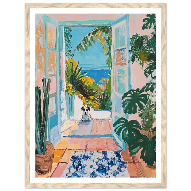 Puerta con vista al mar y plantas tropicales, pintura colorida en estilo moderno.