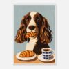 Perro con croissant en boca y taza de café, ilustración moderna y artística, diseño digital para mascotas y gastronomía.