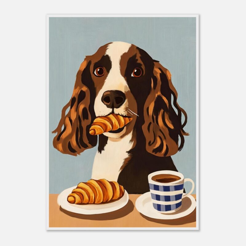 Perro con croissant en boca y taza de café, ilustración moderna y artística, diseño digital para mascotas y gastronomía.