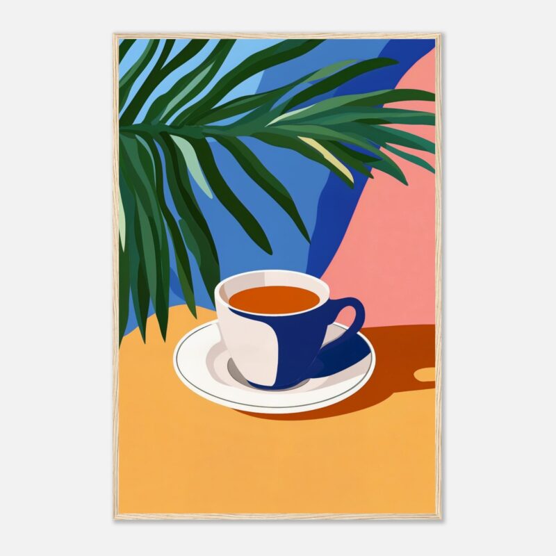 Taza de café en estilo digital con fondo colorido y plantas verdes, arte moderno para decorar y aumentar visibilidad en internet.