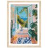 Jarrón con plantas verdes en ventana con vista al mar, pintura estilo impresionista, cinta decorativa coloridas.