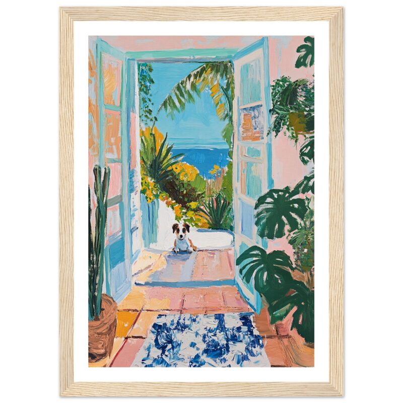 Jarrón con plantas verdes en ventana con vista al mar, pintura estilo impresionista, cinta decorativa coloridas.