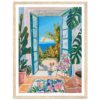 Jardín interior con vista al mar, estilo pintura tropical y decoración con plantas y flores.