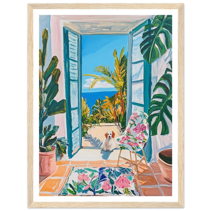 Jardín interior con vista al mar, estilo pintura tropical y decoración con plantas y flores.