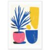 Variedad de plantas y macetas en estilo minimalista y colorido, arte digital moderno para decoración.