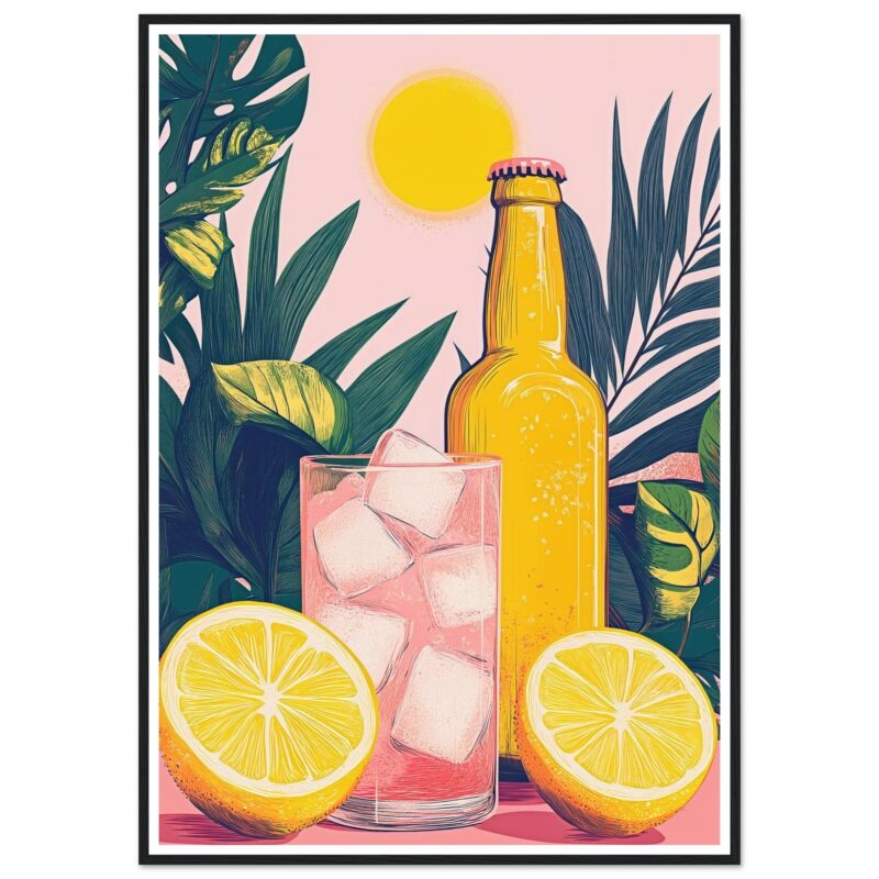 Refresco con hielo y limón, ilustración moderna de bebida refrescante, estilo digital, tropical, diseño vibrante, arte digital de Digiart Studio.