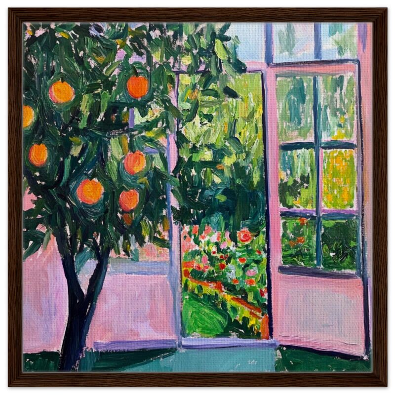 a3334ab9-35e3-4999-b3cf-a8c9fe0e9b86.jpg Manzana,ventana y flores, pintura en estilo postimpresionista, naturaleza muerta, obra de arte colorida y vibrante, arte contemporáneo para decoración.