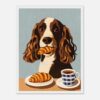Perro de dibujo con croissants y taza de café, arte digital realista.