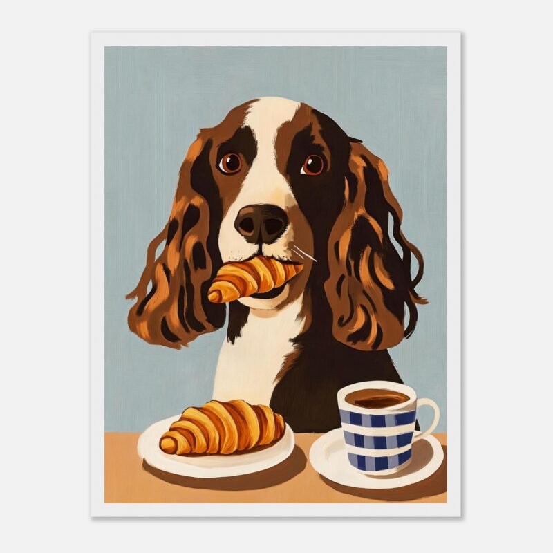 Perro de dibujo con croissants y taza de café, arte digital realista.