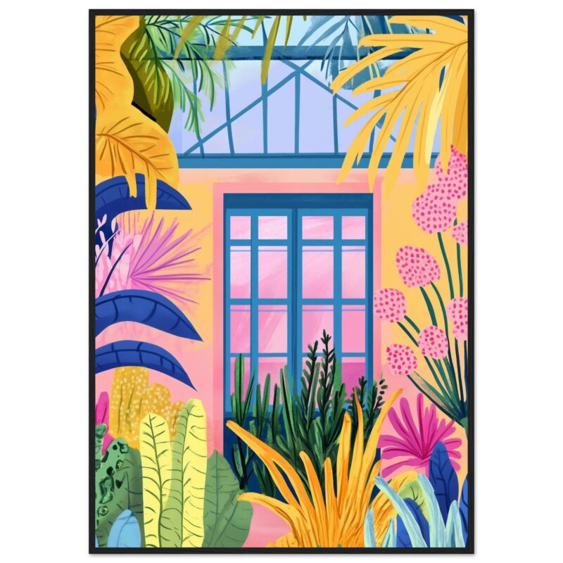 Ventana colorida con plantas tropicales en estilo moderno y vibrante.
