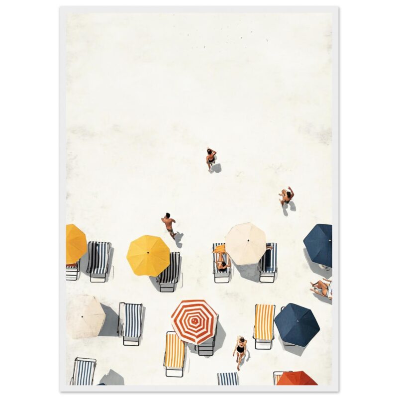 Sombrillas playeras con hamacas y personas en la playa, vista aérea, verano, recreación y descanso, foto artística de Digiart Studio.