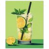Refresco de limón y menta en vaso con hielo y popote, ilustración digital moderna.