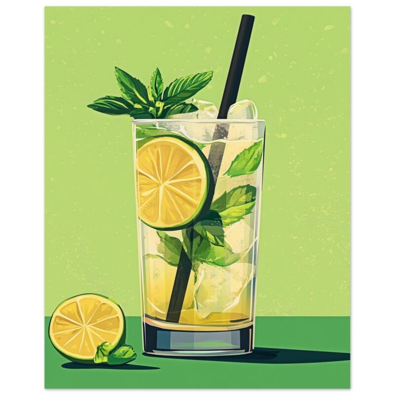 Refresco de limón y menta en vaso con hielo y popote, ilustración digital moderna.