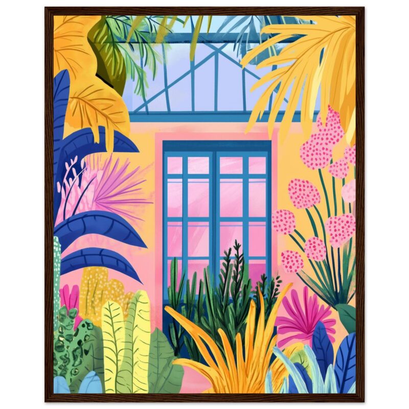 Ventana colorida con plantas tropicales y flores en estilo ilustración digital - arte vibrante de Digiart Studio.