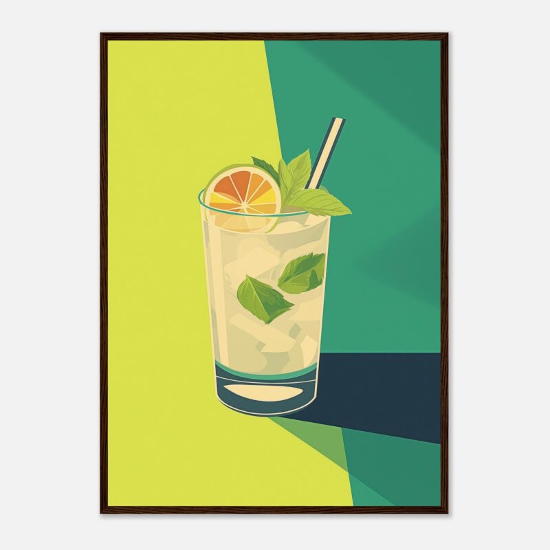 Refresco de limón con hierbabuena y hielo en vaso transparente, ilustración moderna y colorida.