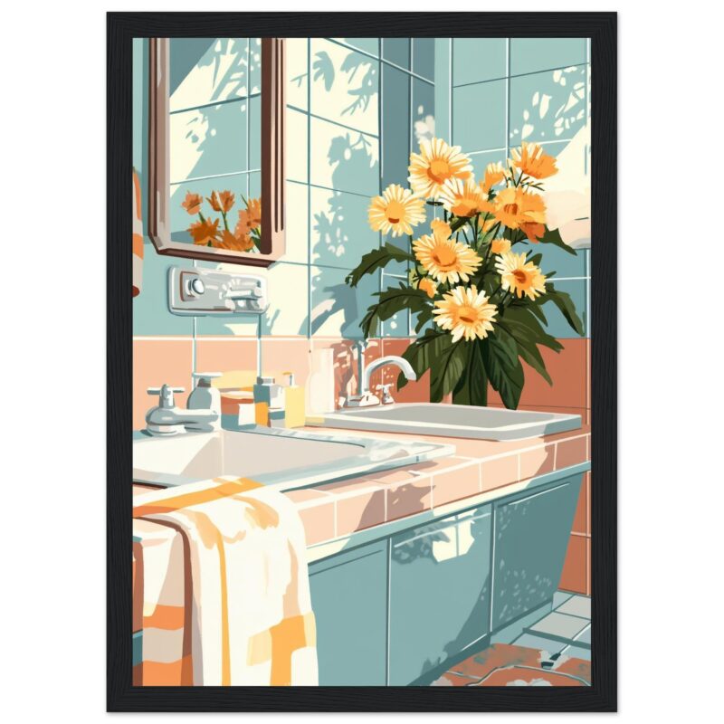 a4dfaf8a-693b-41ac-9b2c-61a6826b60a2.jpg Jarrón con flores en el baño, decoración moderna, arte digital, estilo ilustrativo, estilo digital, obra de arte digital, color vibrante, ambiente acogedor, diseño de interiores, arte contemporáneo.