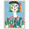 Rostro de mujer con estilo artístico en colores vibrantes y fondo azul, estilo moderna y elegante.