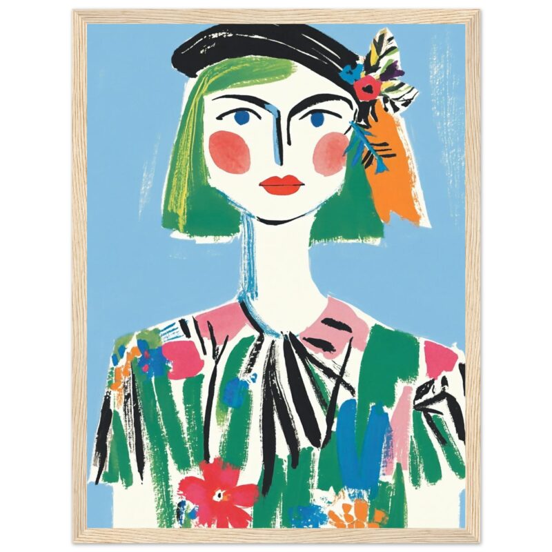 Rostro de mujer con estilo artístico en colores vibrantes y fondo azul, estilo moderna y elegante.