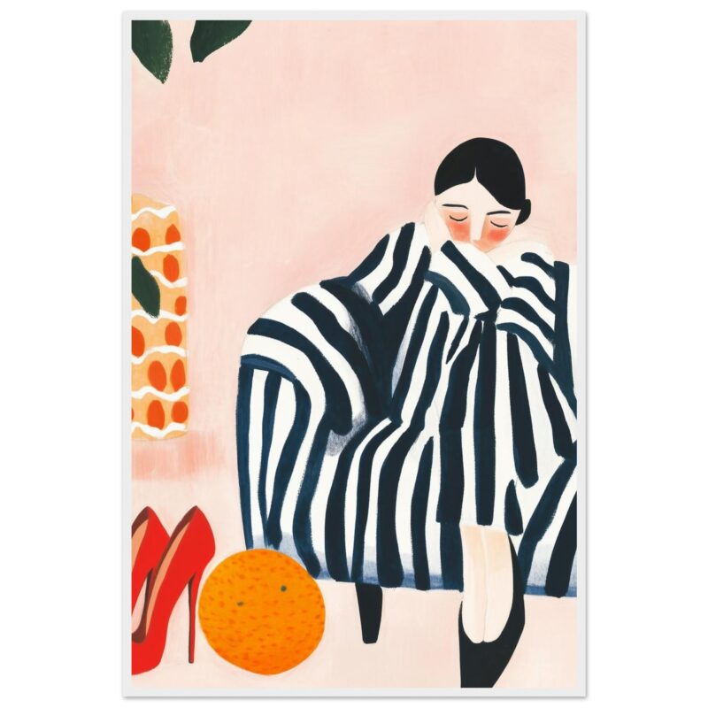 Suave ilustración de mujer en estilo moderno con ropa a rayas, rodeada de accesorios coloridos y frutas, representando creatividad y estilo.