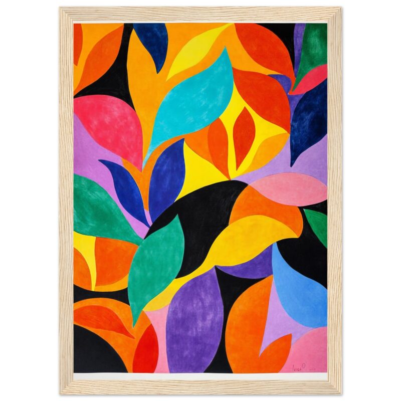 Colores vibrantes y formas abstractas en pintura moderna enmarcada de madera.