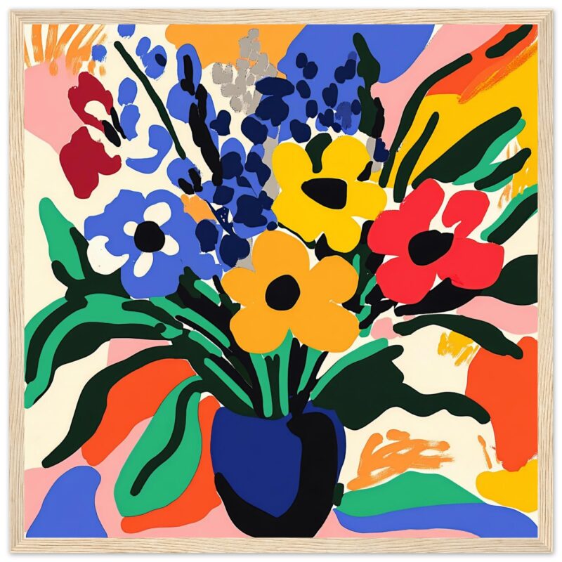 a5503805-bd81-40b0-a50f-c76e223296f7.jpg Flores coloridas en jarrón con estilo artístico moderno, vibrantes tonos y formas abstractas.