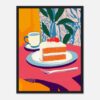 Sabores vibrantes en una ilustración moderna de pastel de zanahoria con té. Diseño digital colorido y artístico para decoración y arte.