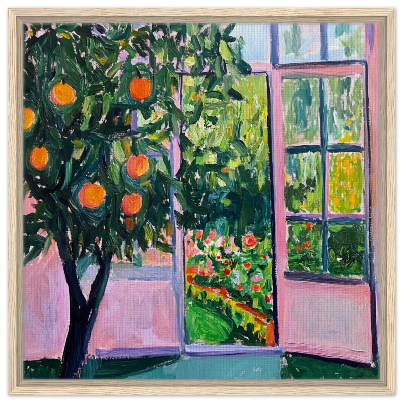a5f4d50e-1809-4024-a6ef-9246943e5cd1.jpg Manzana y flores en interior, pintura al óleo, estilo impresionista, color vibrante, arte decorativa para hogar.