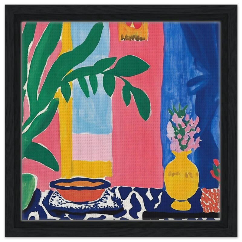 Colorido cuadro botánico con flores y plantas en estilo abstracto, decoración moderna para espacios creativos.