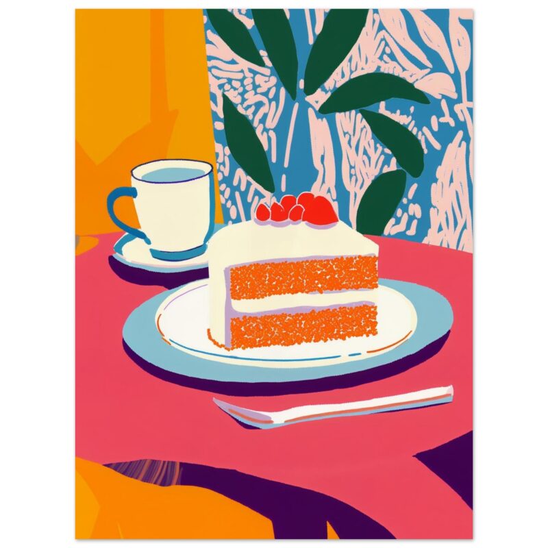 Tarta de zanahoria con glase y frutas, arte digital en estilo pop art, perfecto para decoración y propuestas creativas.