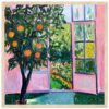Árbol de naranjas en ventana con flores y luz natural, pintura colorful, estilo impresionista.