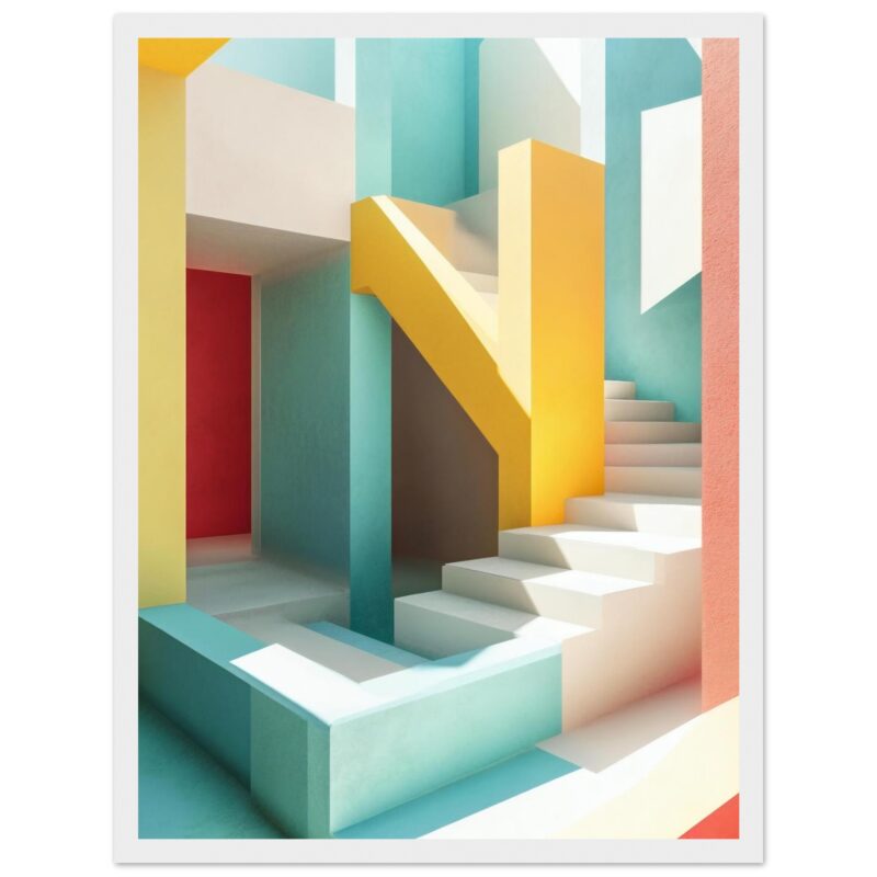 Escalera moderna y colorida con diseño minimalista en tonos pastel.