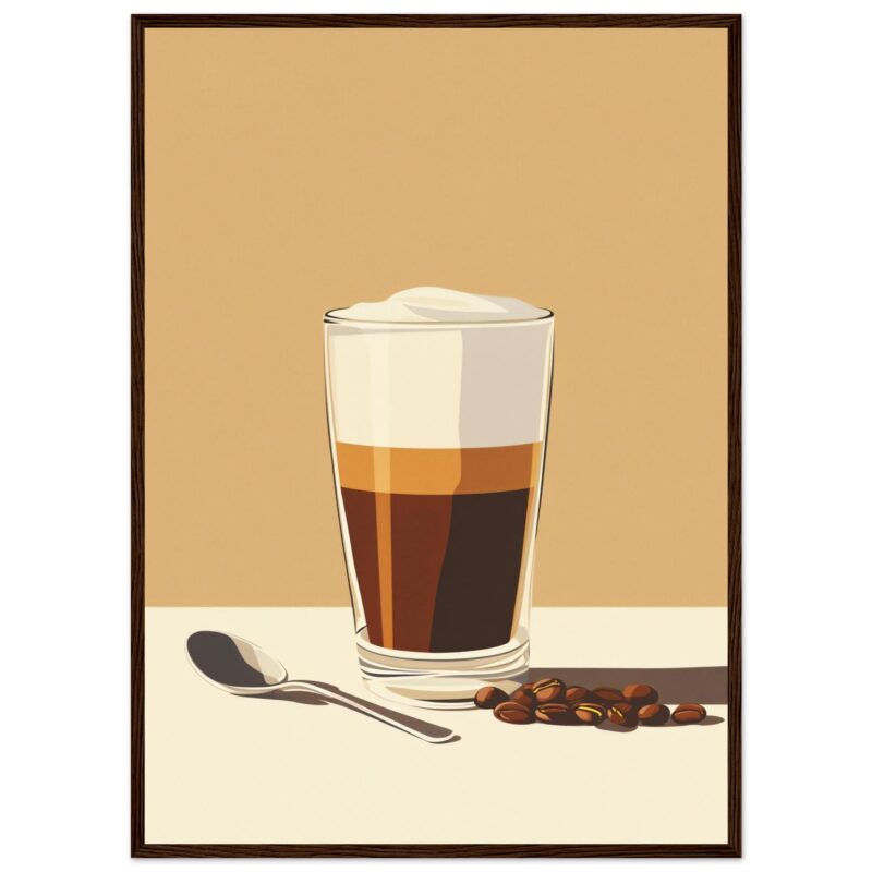 2. Café frío en vaso con nata y granos de café, ilustración digital.