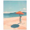 Sombrilla naranja en playa con mujer con sombrero y vista al mar.
