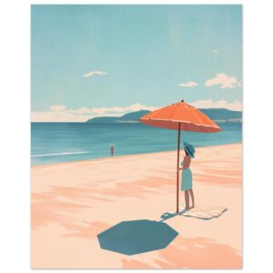Sombrilla naranja en playa con mujer con sombrero y vista al mar.