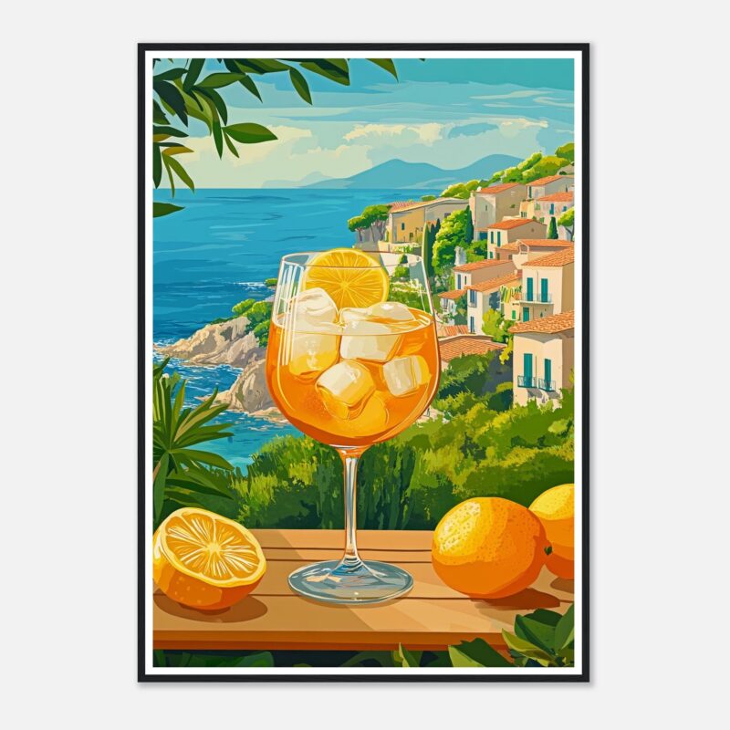 Refresco de limón con hielo y vista al mar en un paisaje costero.