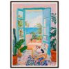 Pintura acrílica de balcón con vistas al mar, plantas tropicales y perro en silla de mimbre, estilo impresionista.