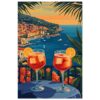 Vistas panorámicas del mar y la costa con cócteles en primer plano en estilo digital artístico.