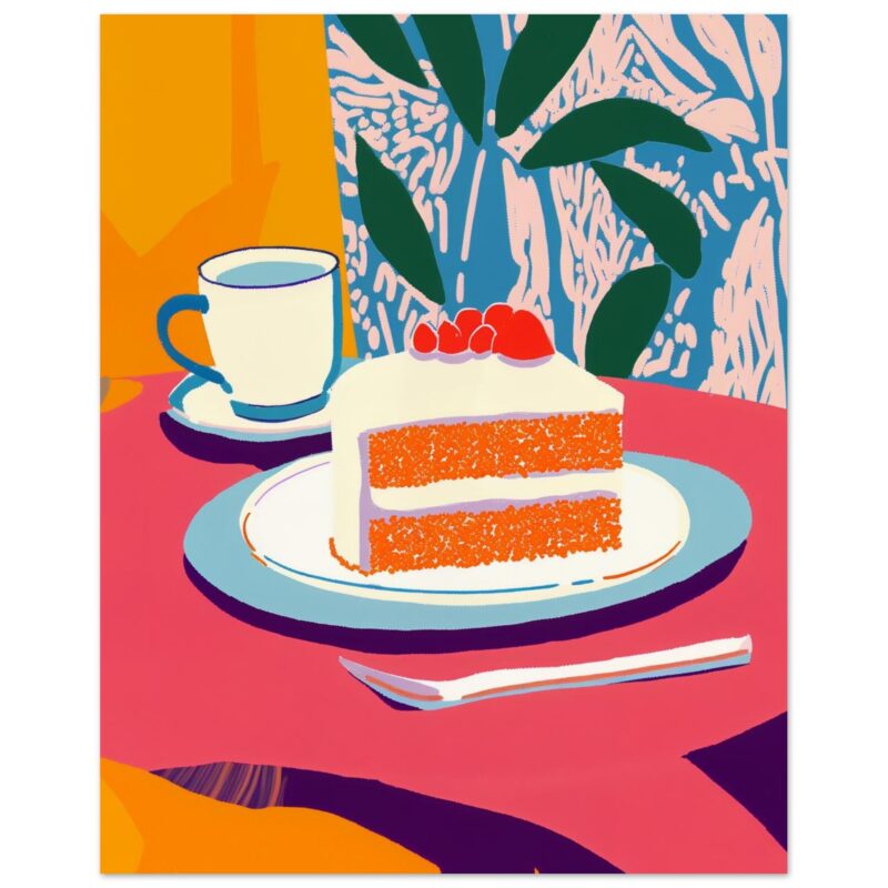 Tarta de zanahoria con glaseado y frutas en plato.