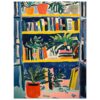 Libros y plantas en estantería, pintura expresionista, arte decorativo, estilo colorido, línea artística vibrante.