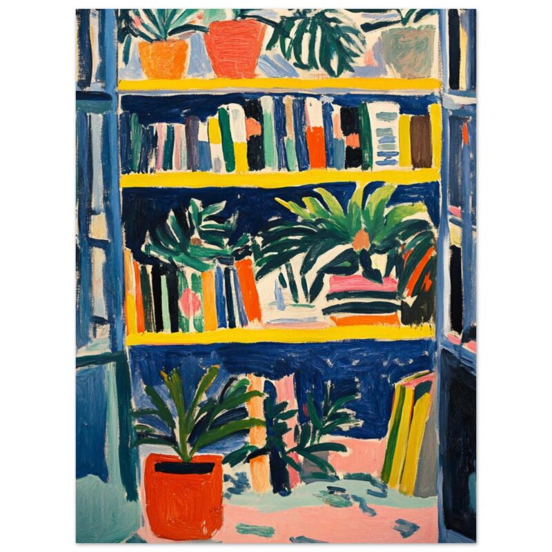 Libros y plantas en estantería, pintura expresionista, arte decorativo, estilo colorido, línea artística vibrante.
