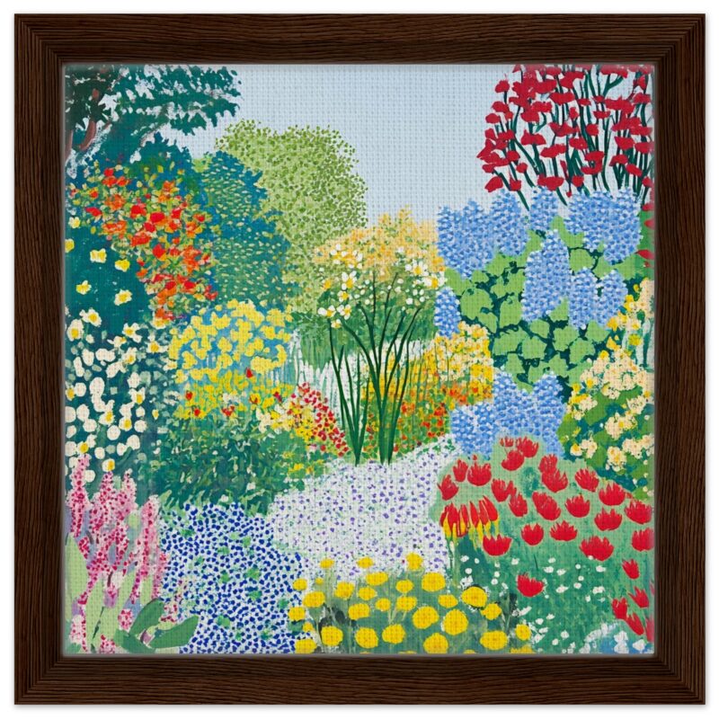 Colores vibrantes y detalles en pintura artística floral en marco de madera.