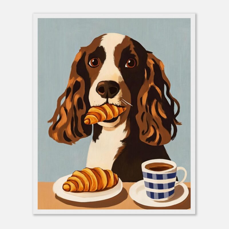 Perro dálmata con croissant y café, arte digital, ilustración de mascotas adorable y artística.