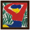 Colorida obra de arte moderna con figura femenina y fondo de hojas verdes, estilo abstracto y vibrante para decoración artística.