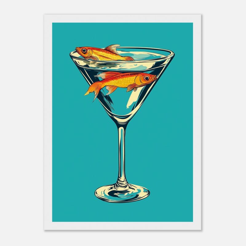 Peces en copa de cristal con fondo azul vibrant, arte digital moderno, ilustración de acuarios y bebidas.