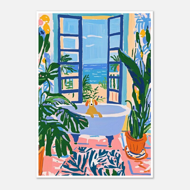 Ventana abierta al mar con plantas verdes y perro en bañera, arte digital colorido, decoración de interiores playa, estilo moderno y vibrante.