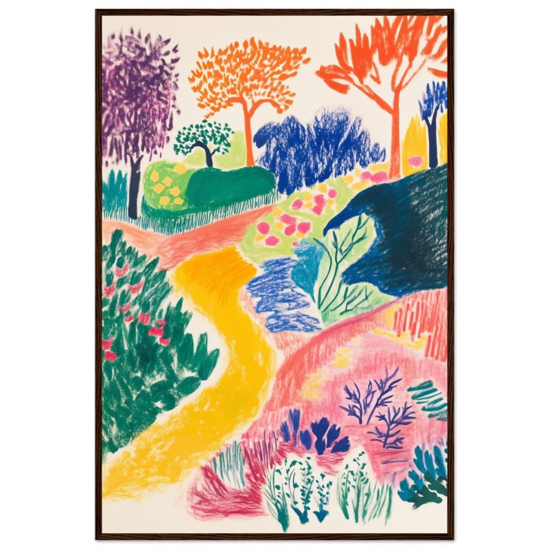 Arboles coloridos y camino en dibujo infantil con estilo abstracto, arte colorido y vibrante.