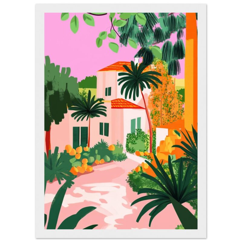 Casa mediterránea con vegetación tropical y colorida en estilo ilustración digital.