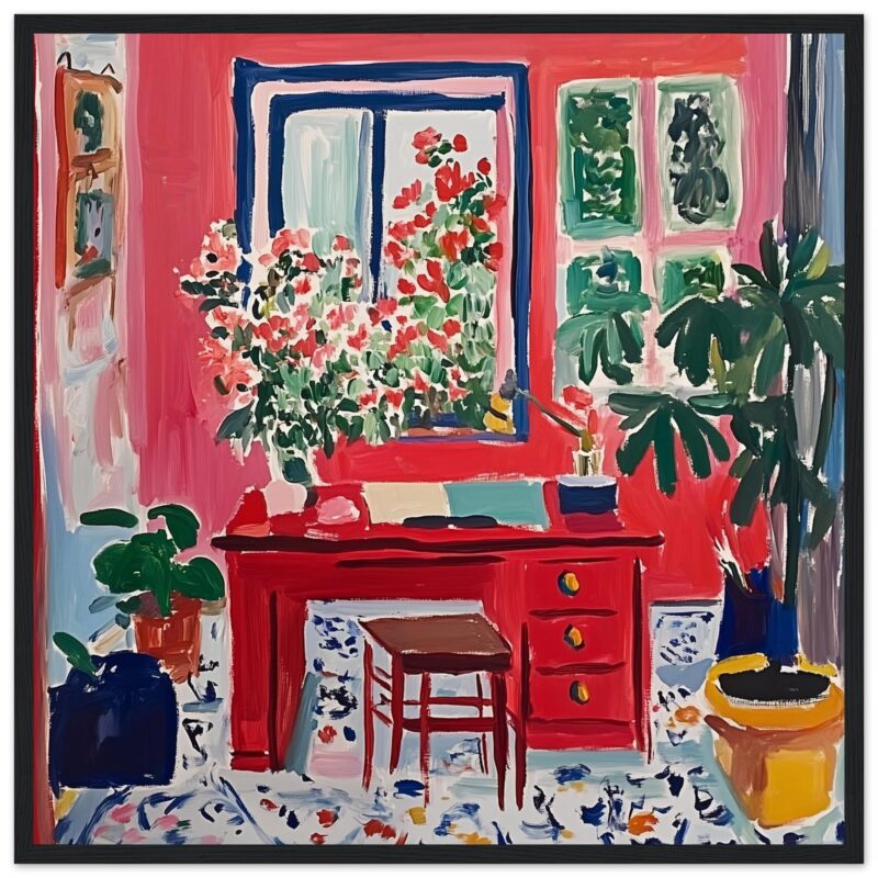 Vase de flores en interior colorido con espejo y plantas verdes en la habitación.