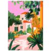Casa con jardín tropical y palmeras, ilustración digital en estilo colorido y vibrante.
